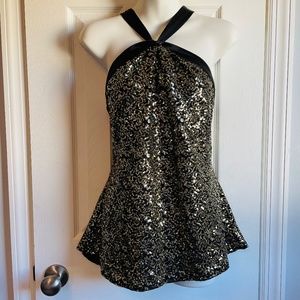 Tahari Women's Black Gold Sequin Halter Top L